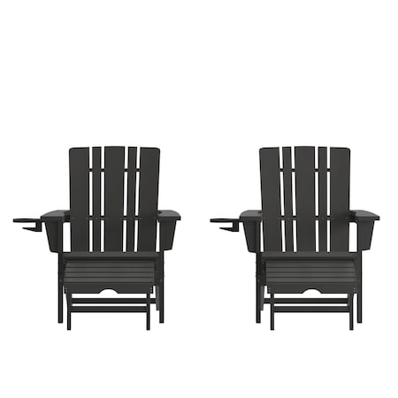 Flash Furniture Black Adirondack Chairs with Ottoman-Cupholder, 2PK 2-LE-HMP-1045-110-BK-GG